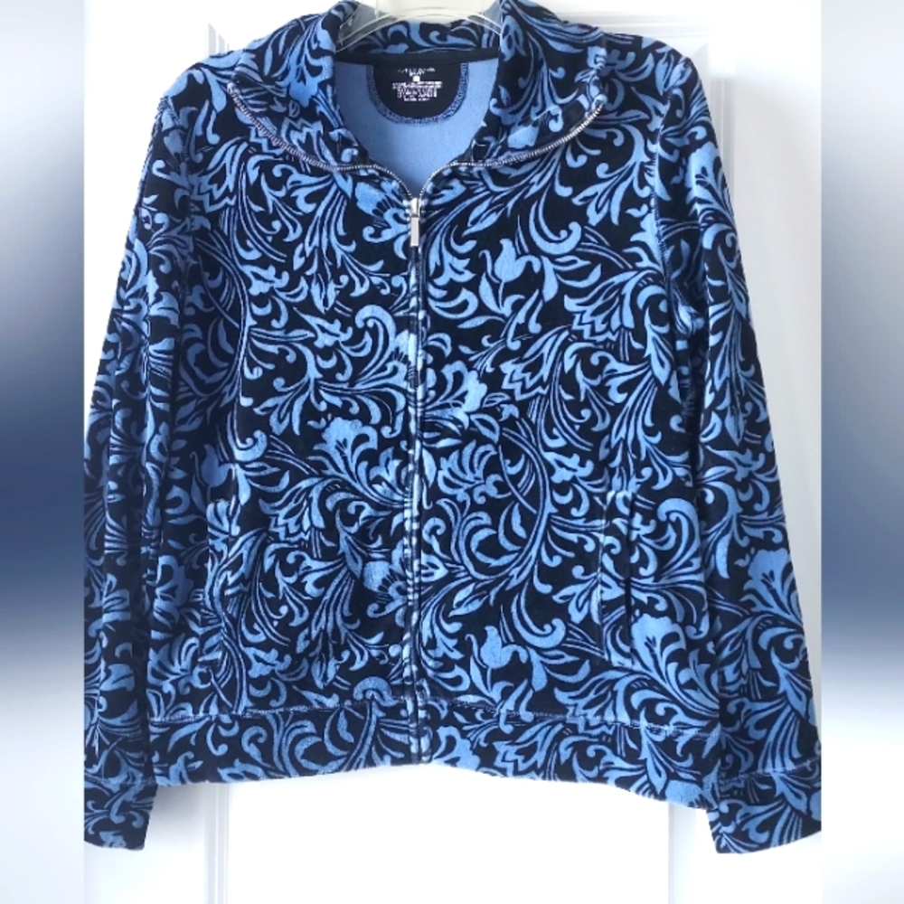 Womens Jones New York Sport Track Jacket Large Blue Floral Velour Zip Up   90s
